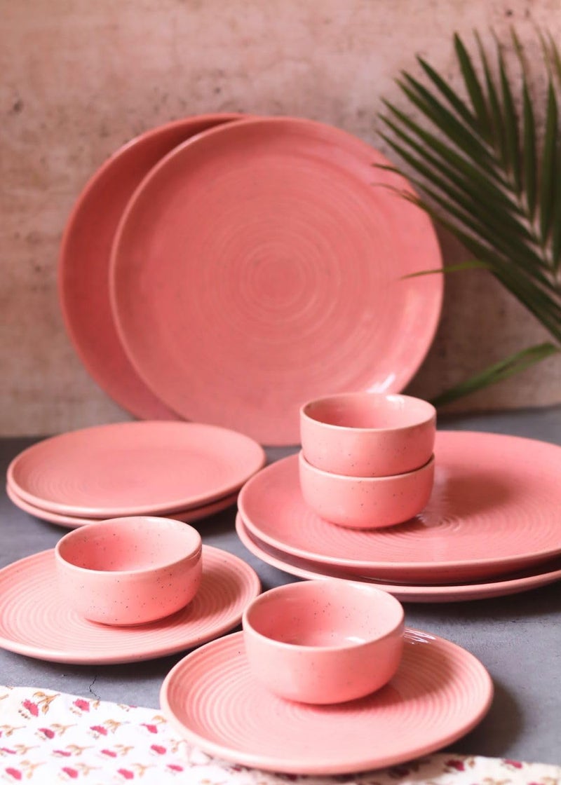 WEAVING HOMES Set of 12 Rosy Pink Ceramic Dinner Sets 4 Full Dinner Plates, 4 Quarter Plates, 4 Vegetable Bowls Microwave & Dishwasher Safe - Image 2