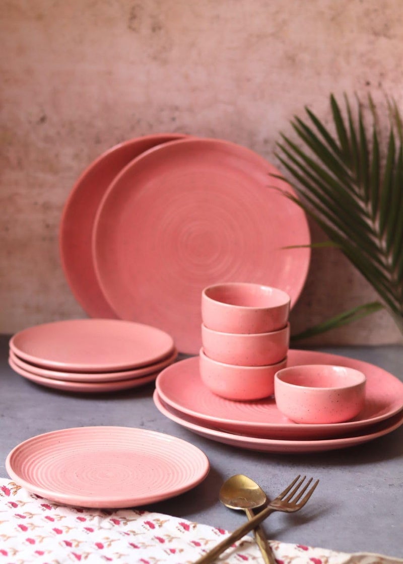 WEAVING HOMES Set of 12 Rosy Pink Ceramic Dinner Sets 4 Full Dinner Plates, 4 Quarter Plates, 4 Vegetable Bowls Microwave & Dishwasher Safe - Image 3