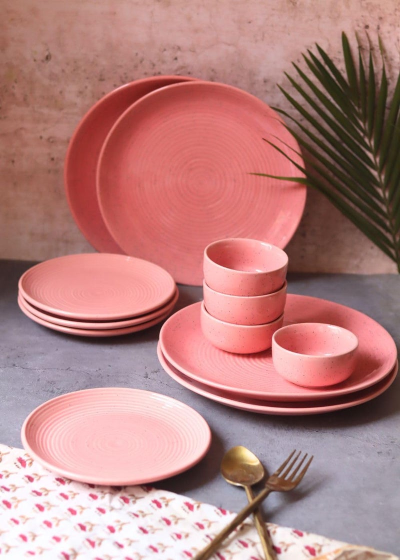 WEAVING HOMES Set of 12 Rosy Pink Ceramic Dinner Sets 4 Full Dinner Plates, 4 Quarter Plates, 4 Vegetable Bowls Microwave & Dishwasher Safe - Image 4