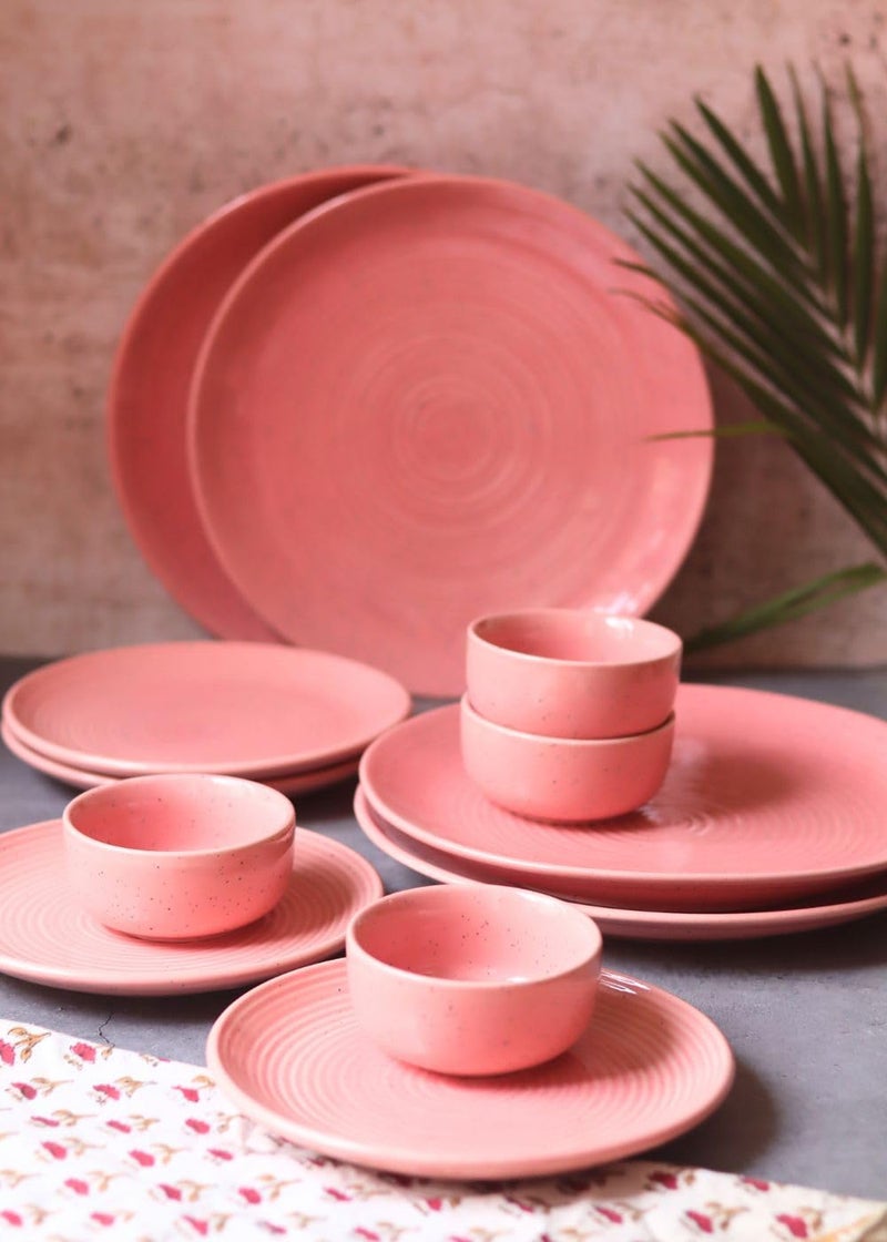 WEAVING HOMES Set of 12 Rosy Pink Ceramic Dinner Sets 4 Full Dinner Plates, 4 Quarter Plates, 4 Vegetable Bowls Microwave & Dishwasher Safe - Image 1