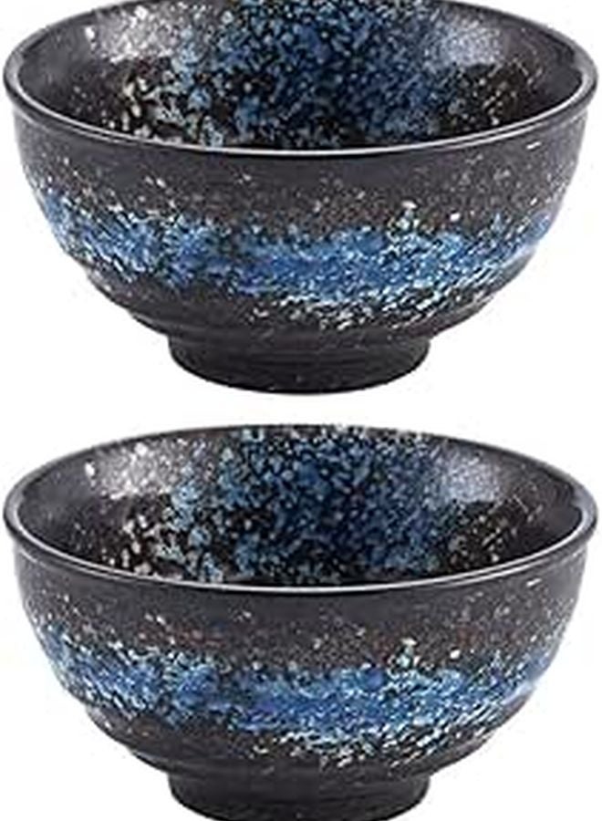 Vintage Ceramic Soup Bowls Set of 2 Large Blue Stoneware Rice Noodle Bowls Japanese Style - Image 1