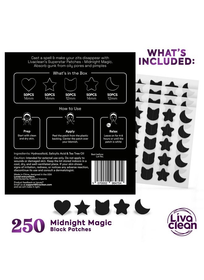 LivaClean - 250Ct Star Pimple Patches Midnight Magic Black W/Salicylic Acid & Tea Tree Oil Pimple Patches For Face Hydrocolloid Acne Patches Cute Face Stickers Zit Patches - Image 1