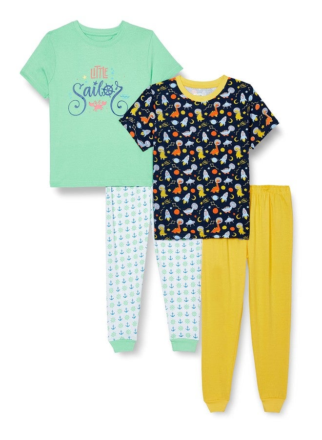 MINITATU Navy.Green Half Sleeves Unisex Baby Cotton T-Shirt & Pajamas Set Pack of 2 Age - 6-9 Months (Peb404550) - Image 1