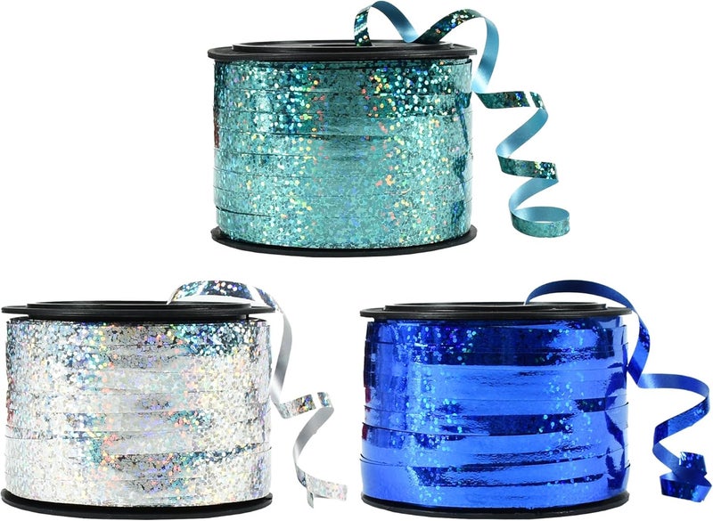 BEISHIDA Blue Blue Silver Curling Ribbons Balloon String Ribbons - 3 Pack 100 Yards for Gift Warppping Birthday Retirement Winter Frozen Party Winter Christmas Party Decorations - Image 1