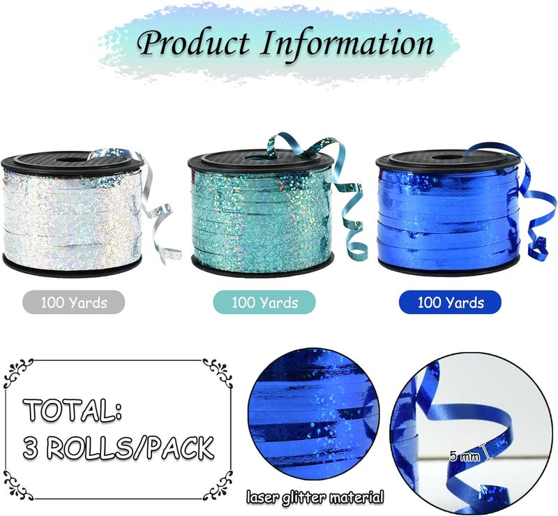 BEISHIDA Blue Blue Silver Curling Ribbons Balloon String Ribbons - 3 Pack 100 Yards for Gift Warppping Birthday Retirement Winter Frozen Party Winter Christmas Party Decorations - Image 2