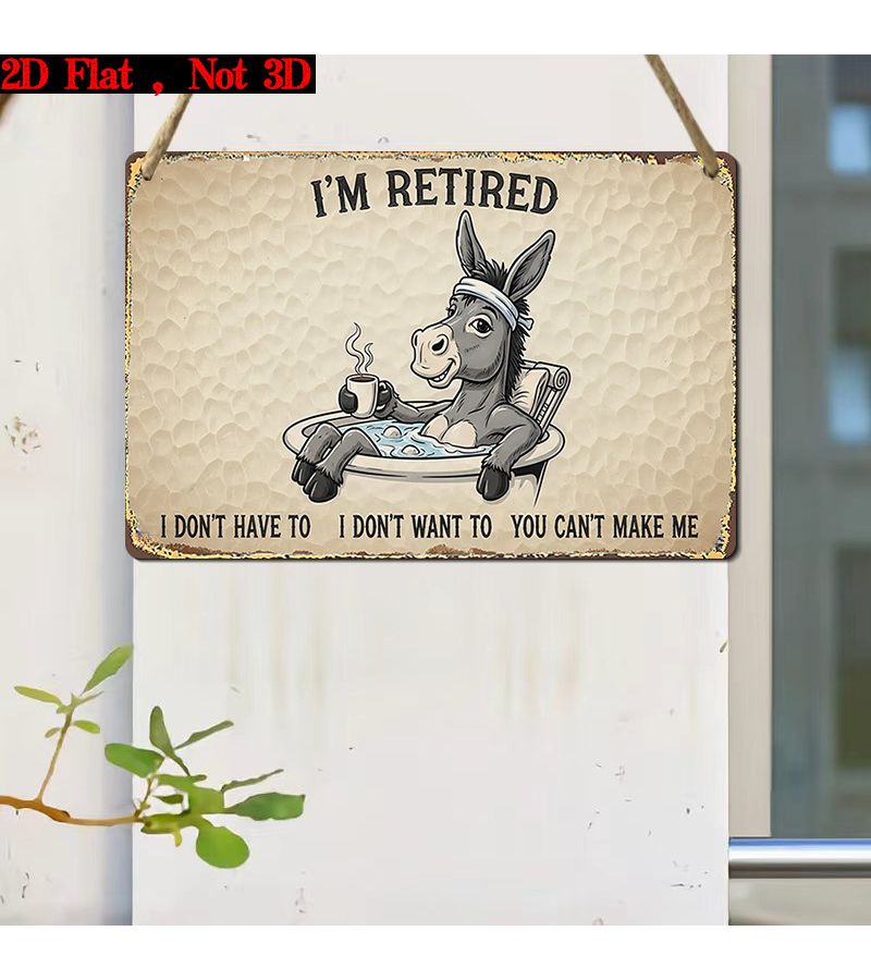 2D Flat Wooden Wall Sign I'm Retired Funny Donkey Coffee Graphics Retro Beige Background Hanging Plaque for Home Decoration 7.87inX5in - Image 3