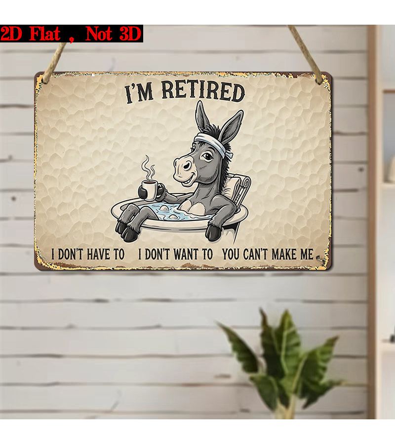 2D Flat Wooden Wall Sign I'm Retired Funny Donkey Coffee Graphics Retro Beige Background Hanging Plaque for Home Decoration 7.87inX5in - Image 4
