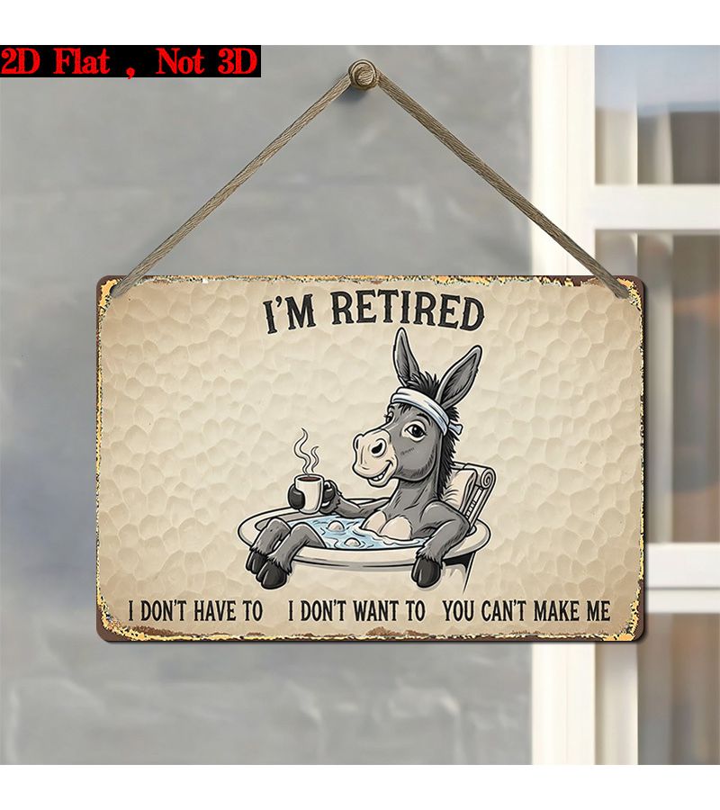 2D Flat Wooden Wall Sign I'm Retired Funny Donkey Coffee Graphics Retro Beige Background Hanging Plaque for Home Decoration 7.87inX5in - Image 1