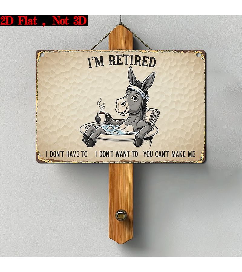 2D Flat Wooden Wall Sign I'm Retired Funny Donkey Coffee Graphics Retro Beige Background Hanging Plaque for Home Decoration 7.87inX5in - Image 5