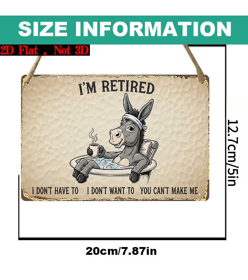 2D Flat Wooden Wall Sign I'm Retired Funny Donkey Coffee Graphics Retro Beige Background Hanging Plaque for Home Decoration 7.87inX5in - Image 2