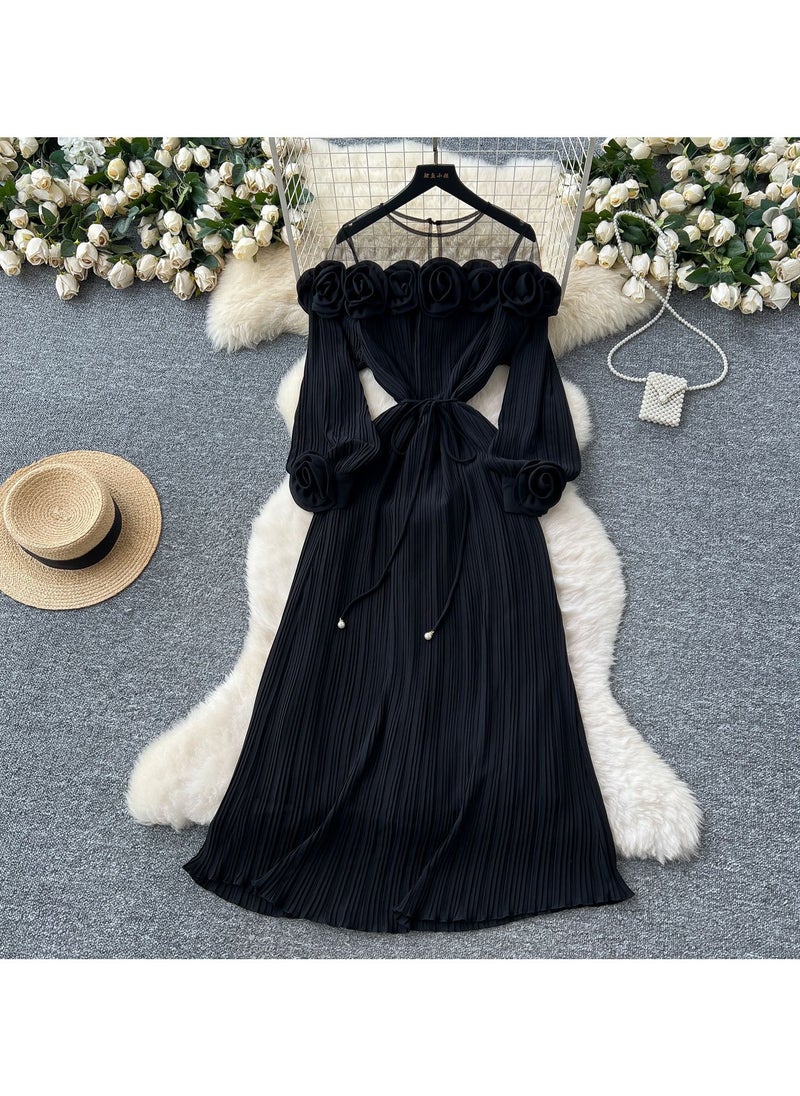 KUYING New Fashion Heavy Industry Three Dimensional Flower Perspective Mesh Splicing Long Sleeve Waist Folding Dress  - Image 1