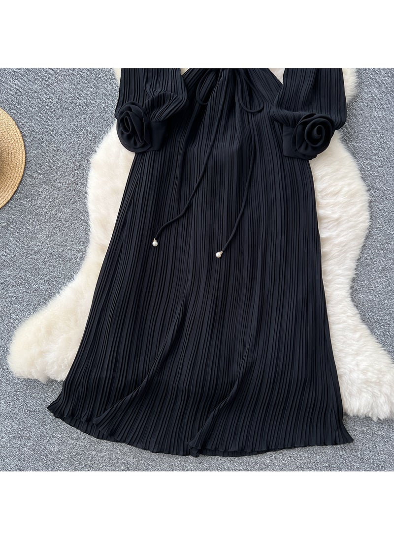 KUYING New Fashion Heavy Industry Three Dimensional Flower Perspective Mesh Splicing Long Sleeve Waist Folding Dress  - Image 3