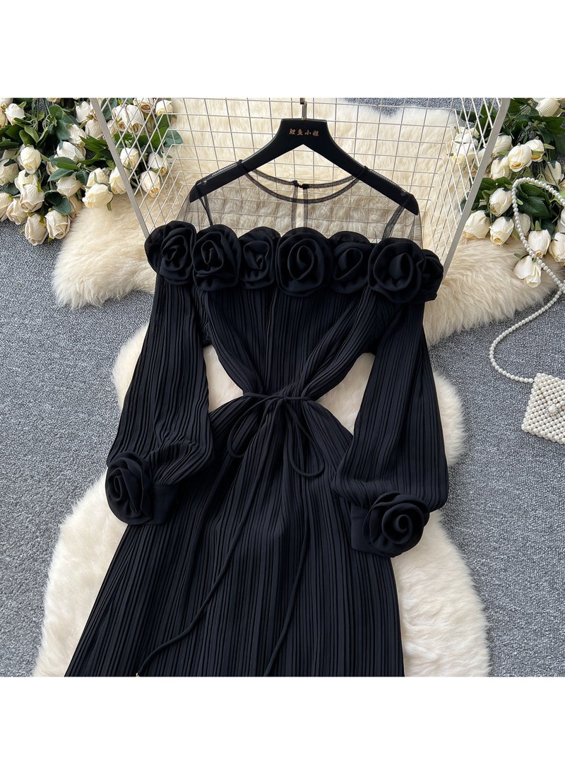 KUYING New Fashion Heavy Industry Three Dimensional Flower Perspective Mesh Splicing Long Sleeve Waist Folding Dress  - Image 2