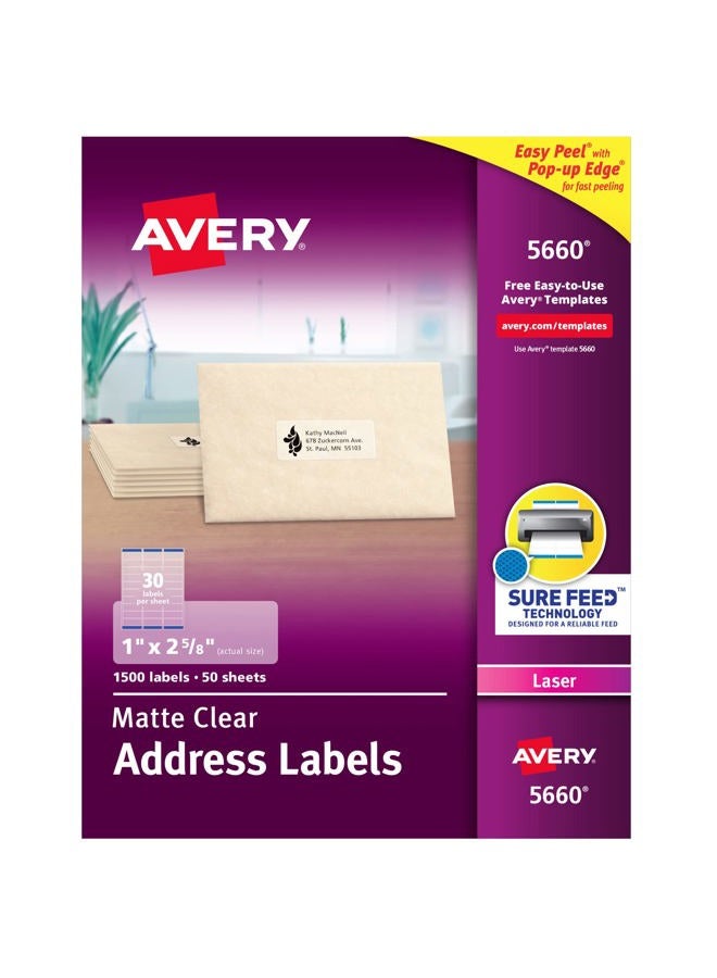 Avery Printable Address Labels with Sure Feed, 1" x 2-5/8", Matte Clear, 1,500 Blank Mailing Labels (05660) - Image 1