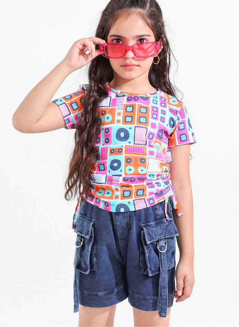 Ollington St. 100% Cotton Half Sleeves Music Print Top with Side Ruching and Stretchable Denim Shorts Set- Multicolor & Indigo  - Image 1