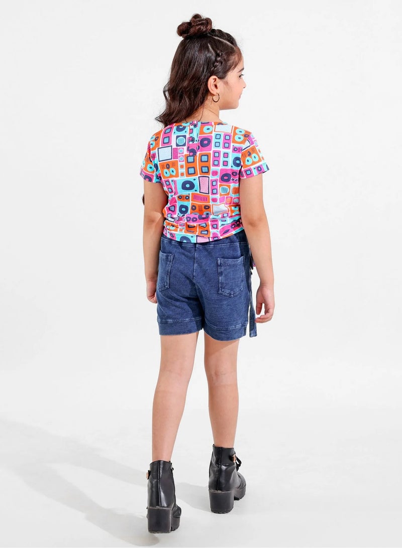 Ollington St. 100% Cotton Half Sleeves Music Print Top with Side Ruching and Stretchable Denim Shorts Set- Multicolor & Indigo  - Image 2