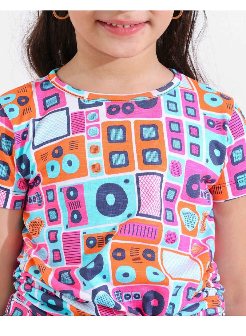 Ollington St. 100% Cotton Half Sleeves Music Print Top with Side Ruching and Stretchable Denim Shorts Set- Multicolor & Indigo  - Image 3