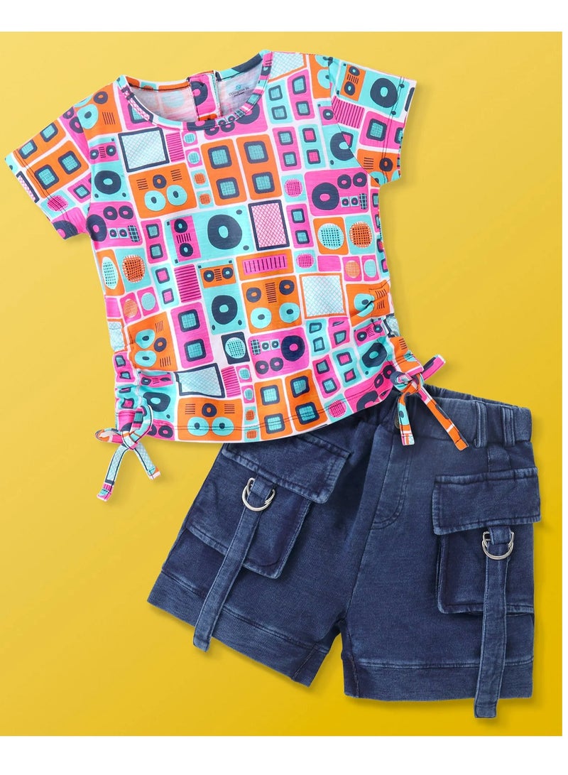 Ollington St. 100% Cotton Half Sleeves Music Print Top with Side Ruching and Stretchable Denim Shorts Set- Multicolor & Indigo  - Image 5