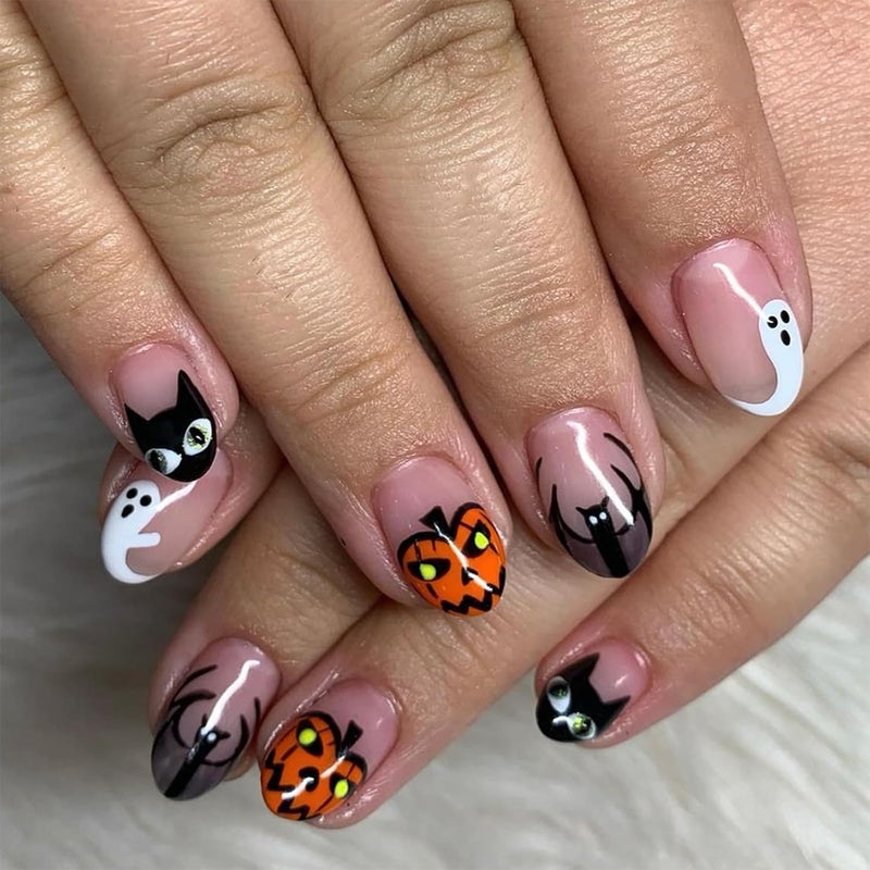 WULIUFLY All budget friendly options Halloween Press on Nails Short Almond Fake Nails French False Nails Nude Acrylic Nails Bat Pumpkin Ghost Designs Stick on Nails Glossy Halloween Nails Reusable Artificial Nails for Women 24PCS Anti topple design - Image 1