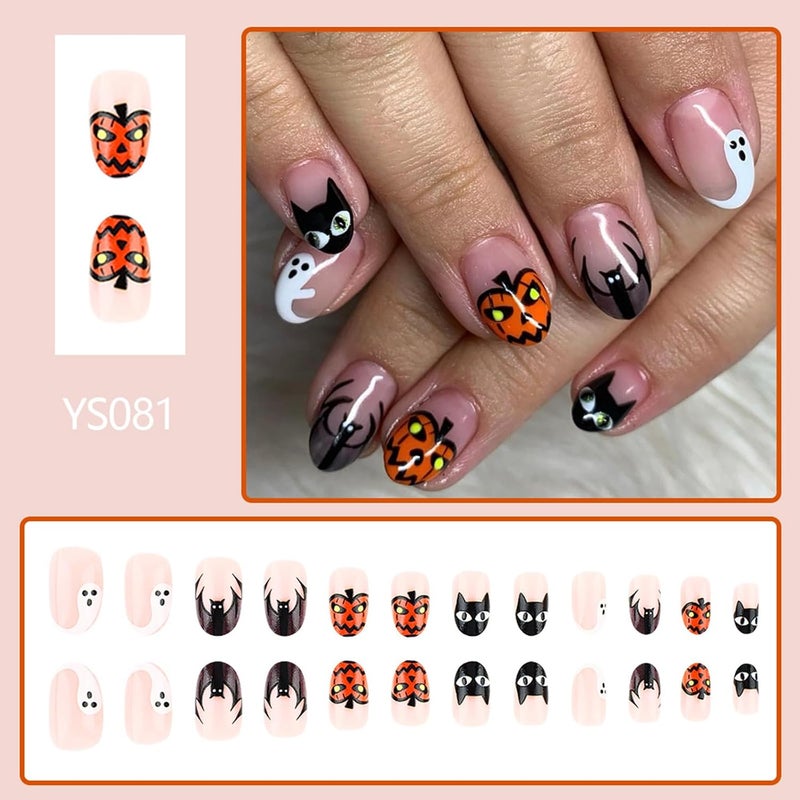 WULIUFLY All budget friendly options Halloween Press on Nails Short Almond Fake Nails French False Nails Nude Acrylic Nails Bat Pumpkin Ghost Designs Stick on Nails Glossy Halloween Nails Reusable Artificial Nails for Women 24PCS Anti topple design - Image 4