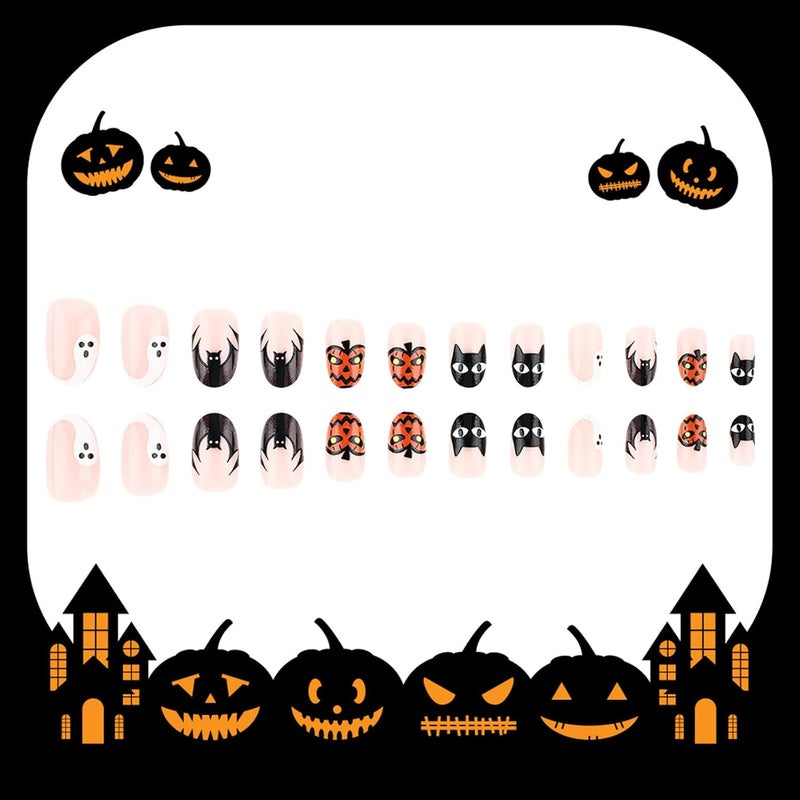 WULIUFLY All budget friendly options Halloween Press on Nails Short Almond Fake Nails French False Nails Nude Acrylic Nails Bat Pumpkin Ghost Designs Stick on Nails Glossy Halloween Nails Reusable Artificial Nails for Women 24PCS Anti topple design - Image 2