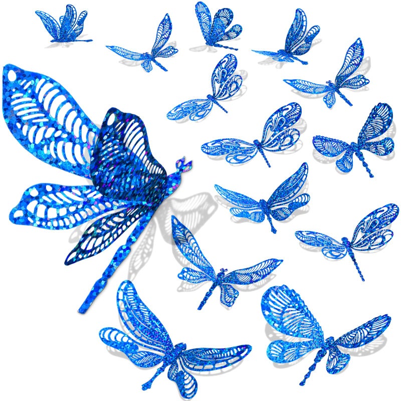 60 Pcs 3D Sequined Dragonfly Wall Decor Stickers Dragonfly Decorations 4 Styles 3 Sizes Holographic Decor Backdrop for Kids Dorm Room Wedding DecorBlue