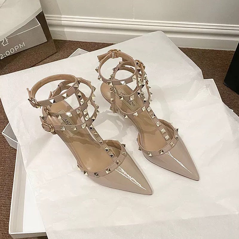 Nude Patent Leather Studded Pointed-Toe High Heels 2026 New Model Three-Ring Ankle Strap Stiletto Closed-Toe Sandals For Summer - Image 4