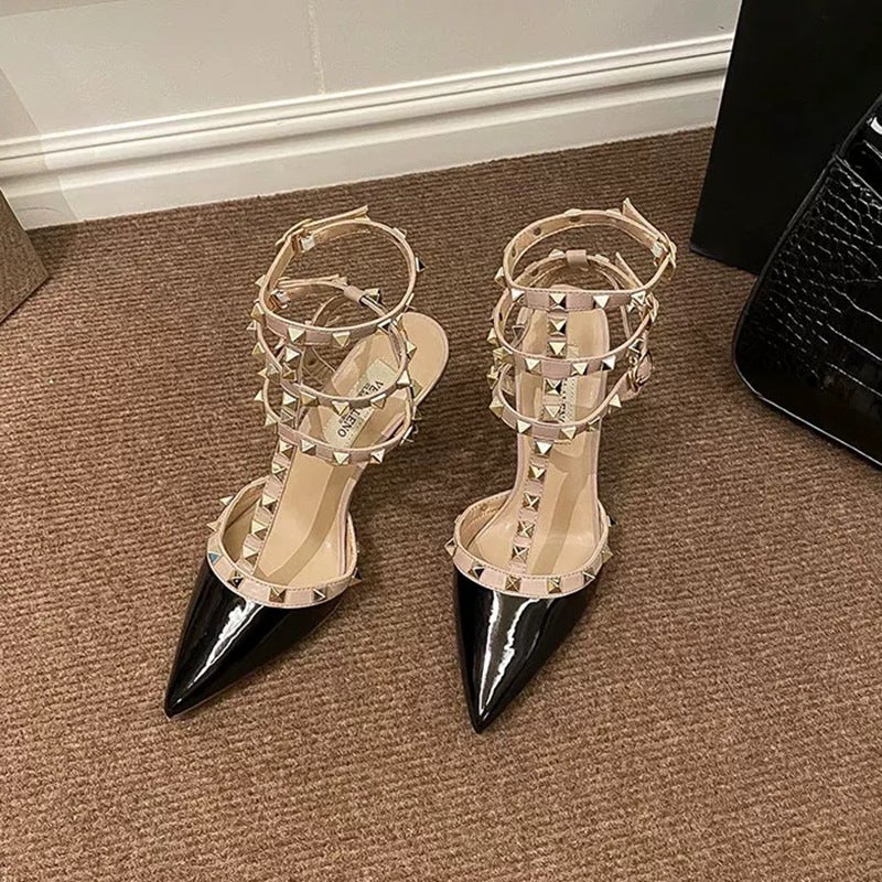 Nude Patent Leather Studded Pointed-Toe High Heels 2026 New Model Three-Ring Ankle Strap Stiletto Closed-Toe Sandals For Summer - Image 3