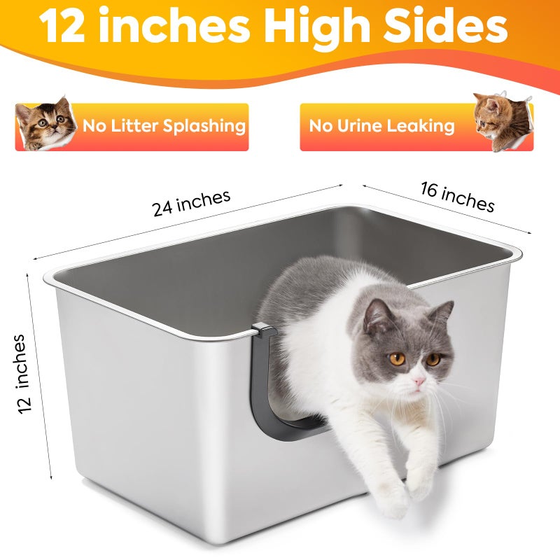 Yangbaga Extra Large Stainless Steel Litter Box, Leak Proof 12 Inches High Sides for Urine & Litter Trapping, Easy Entry for Kittens, Older Cats,Non-Stick,Non-Slip,No Sharp Edges - Image 2