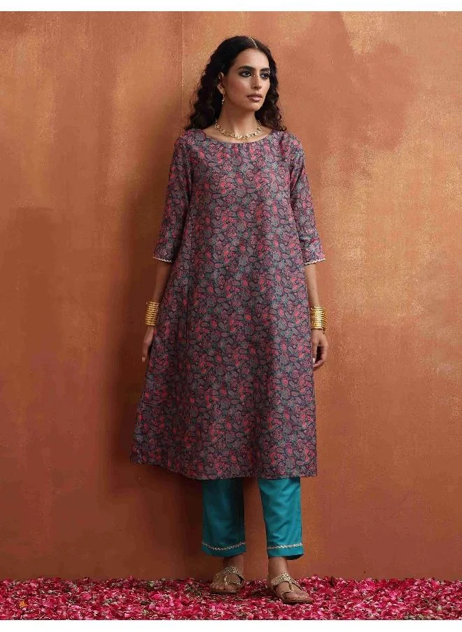 trueBrowns Purple Print A-line Kurta Set