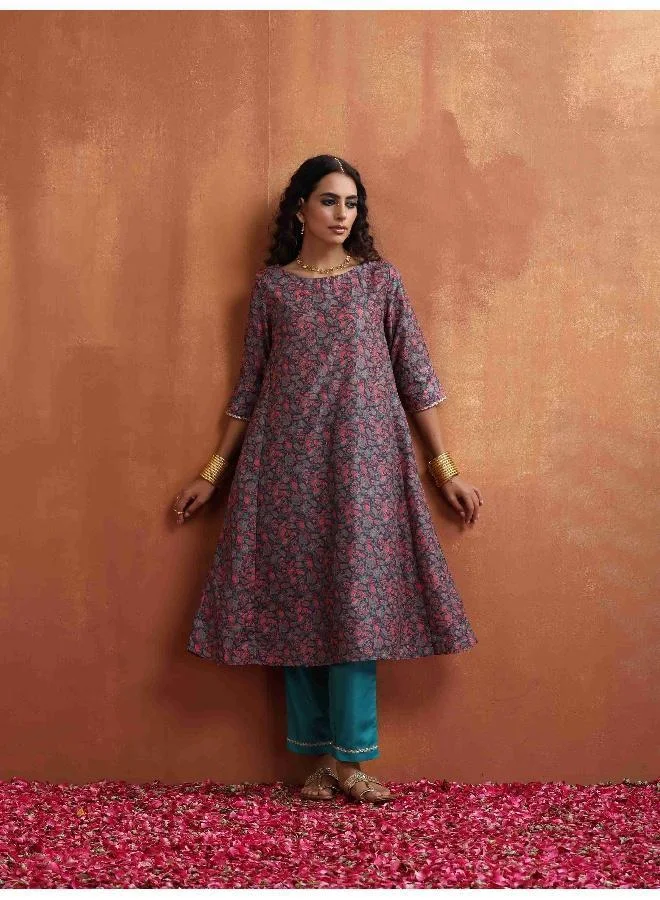 ترو برونز trueBrowns Purple Print A-line Kurta Set