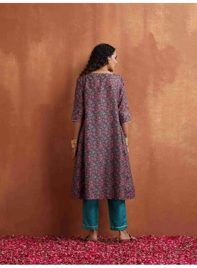 ترو برونز trueBrowns Purple Print A-line Kurta Set