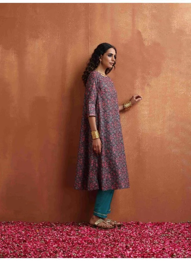 trueBrowns Purple Print A-line Kurta Set