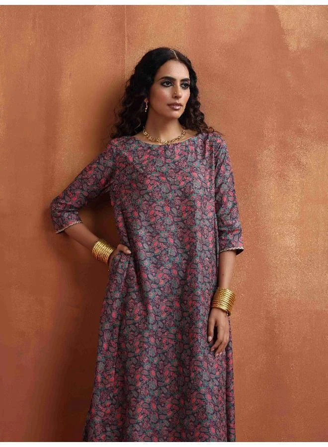 trueBrowns Purple Print A-line Kurta Set