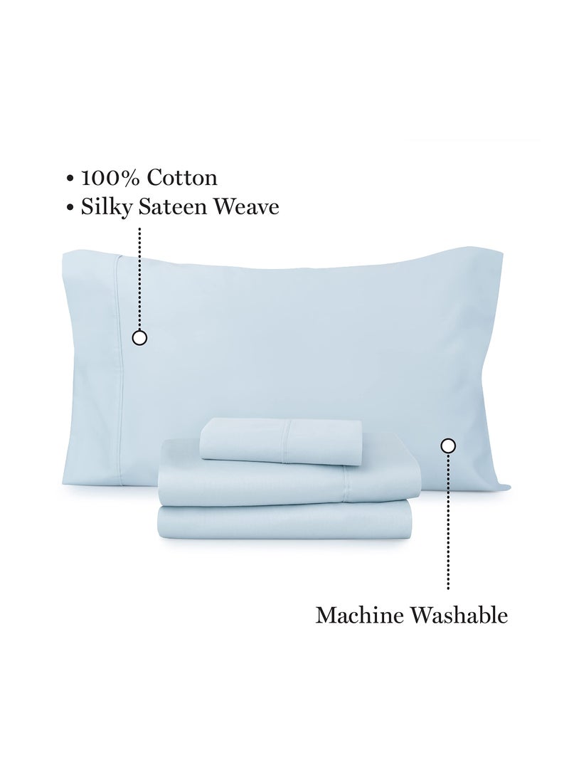 MARTHA STEWART 100% Cotton King Sheet Set - 4 Piece  Soft  Smooth  Durable  Easy Care  16"" Deep Pocket Sheet  Sateen Sheets  1 Flat  1 Fitted  2 Pillowcases  Light Blue