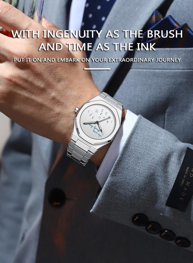 Fanmis Fashion Men's Analog Stainless Steel Wristwatch Minimalist Octagon Bezel with Humorous Dial - Waterproof Business Dress Casual Watch for Men, Silver White, bracelet - Image 3