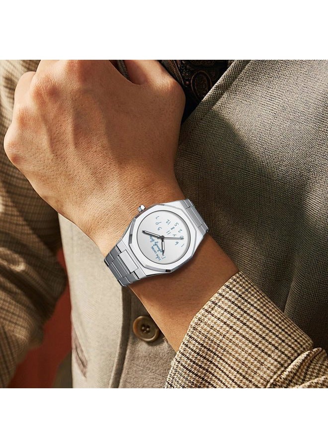 Fanmis Fashion Men's Analog Stainless Steel Wristwatch Minimalist Octagon Bezel with Humorous Dial - Waterproof Business Dress Casual Watch for Men, Silver White, bracelet - Image 5