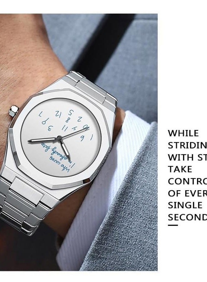 Fanmis Fashion Men's Analog Stainless Steel Wristwatch Minimalist Octagon Bezel with Humorous Dial - Waterproof Business Dress Casual Watch for Men, Silver White, bracelet - Image 2