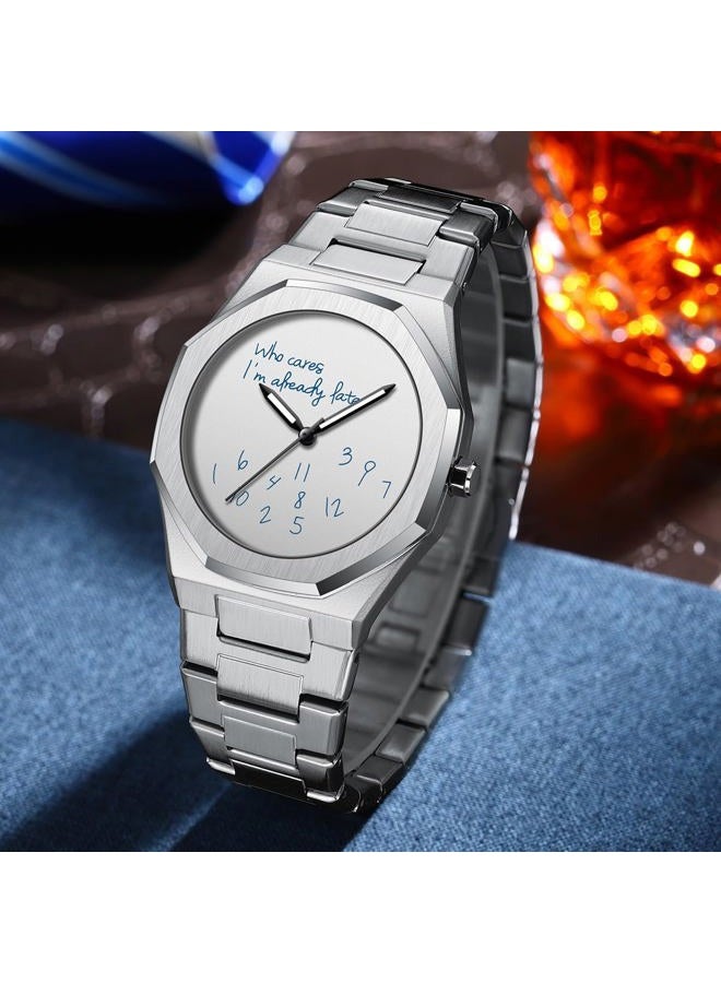 Fanmis Fashion Men's Analog Stainless Steel Wristwatch Minimalist Octagon Bezel with Humorous Dial - Waterproof Business Dress Casual Watch for Men, Silver White, bracelet - Image 4
