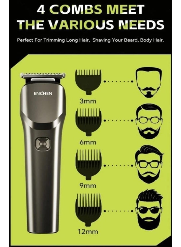Enchen Beardo 2 Cordless Men's Hair Trimmer, 8000RPM Stainless Steel Blades, 1200mAh Rechargeable Battery, Type-C Fast Charge, LED Indicator & Travel Lock with 4 Guide Combs, Black - Image 5