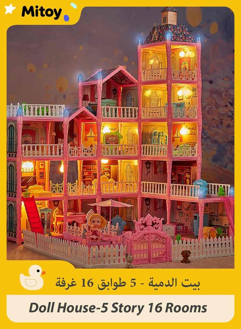 ميتوي بيت الدمية ، بيت الأحلام للفتيات التظاهر اللعب لتقوم بها بنفسك دمية عدة-5 طوابق 16 غرف مسرح مع أضواء ، دمى لعبة أرقام ، الأثاث والاكسسوارات مجموعة هدية لعبة للأطفال الأعمار 3 4 5 6 7 8+ - Image 1