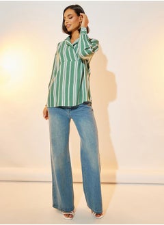 Take Two Stripe Notch Lapel Neck Long Sleeve Blouse  - Image 1