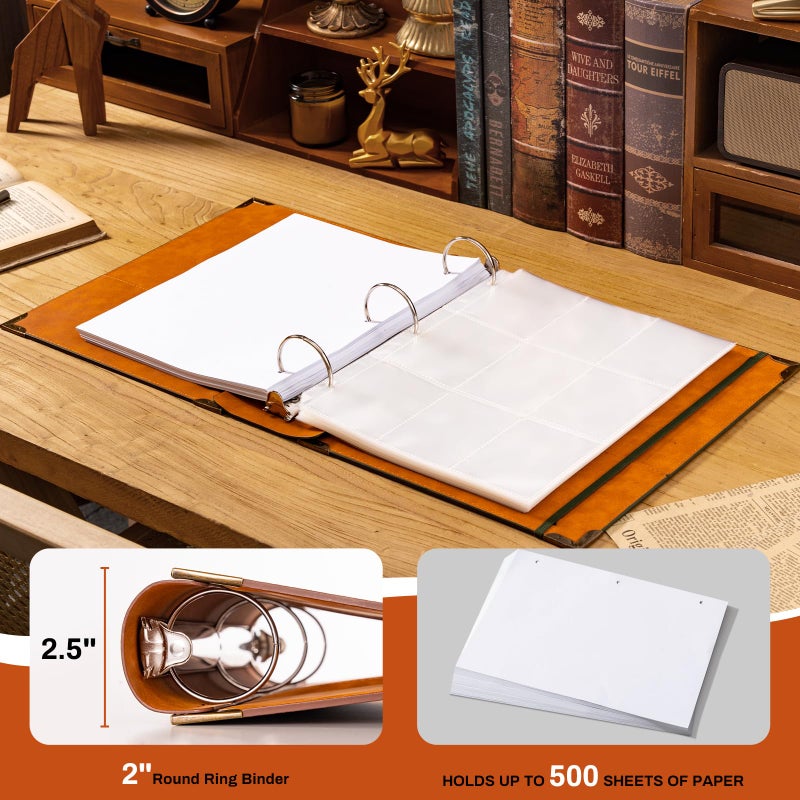 Ovesmusl PU Leather 3 Ring Binder Fits 8.5"x11" Letter Size Paper, 2 Inch Round Ring Binder Holds 500 Sheets, Notepad Paper Cover Loose Leaf Organizer, Green Tree - Image 2