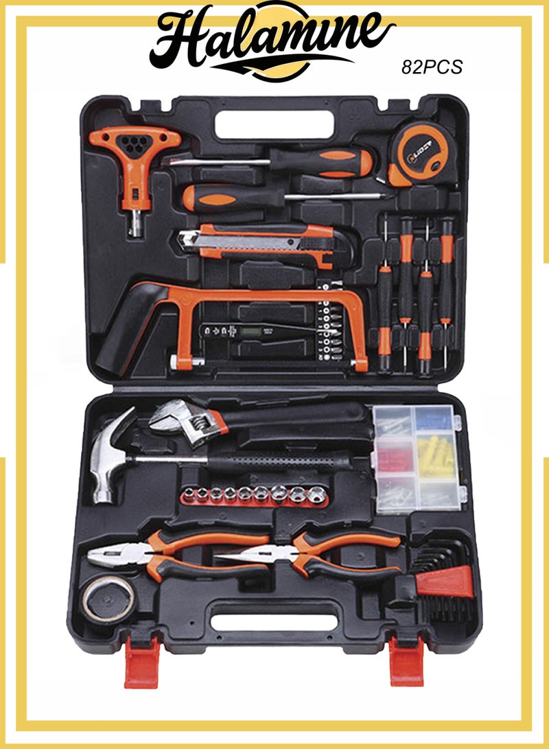 Halamine 82 Piece Household Tools Set,Hand tools Kit tools,Mechanics tool set,For Home Repairs DIY Furniture Assembly Electrical Work Carpentry Workshop,Orange - Image 1