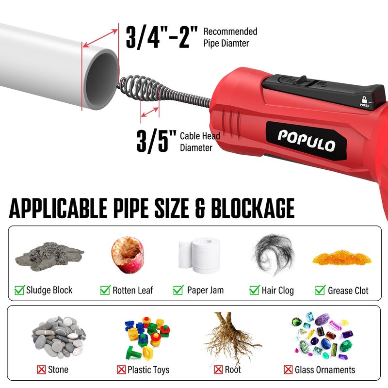 POPULO Auto-Feed 17FT Drain Snake Auger for 3/4"-2" Pipe, Plumbing Snake Drain Auger with Drill Adapter, Sink Snake Drain Hair Remover for Kitchen, Bathroom and Shower Sink, PMDA-5 - Image 4