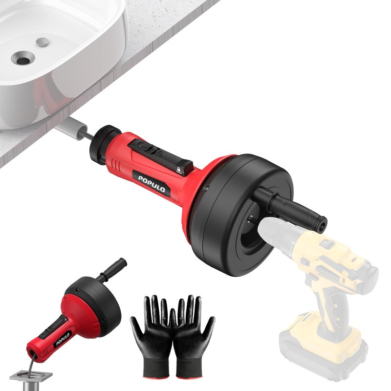 POPULO Auto-Feed 17FT Drain Snake Auger for 3/4"-2" Pipe, Plumbing Snake Drain Auger with Drill Adapter, Sink Snake Drain Hair Remover for Kitchen, Bathroom and Shower Sink, PMDA-5 - Image 1