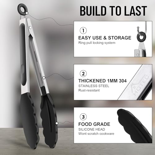 HOTEC Premium Stainless Steel Locking Kitchen Tongs with Silicon Tips, Heat Resistant Cooking Tongs Set of 3-7", 9" and 12" (Black) - Image 4