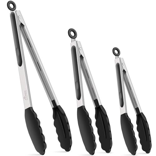 HOTEC Premium Stainless Steel Locking Kitchen Tongs with Silicon Tips, Heat Resistant Cooking Tongs Set of 3-7", 9" and 12" (Black) - Image 1