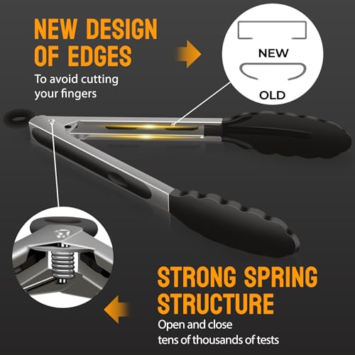 HOTEC Premium Stainless Steel Locking Kitchen Tongs with Silicon Tips, Heat Resistant Cooking Tongs Set of 3-7", 9" and 12" (Black) - Image 3