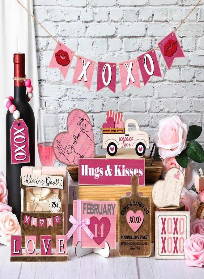 Marsui 19 Pcs Valentine's Day Tiered Tray Decor Set, Valentines Heart Wood Sign Rustic Farmhouse Tray Signs Table Decor for Valentine's Day Home Kitchen (Pink Style) - Image 5